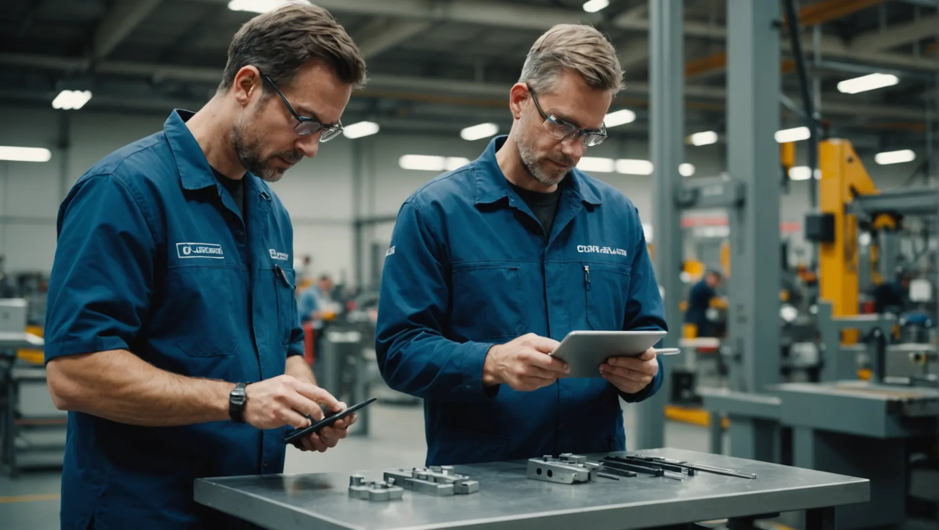 Close-up of a manufacturing floor with workers inspecting raw materials for quality.