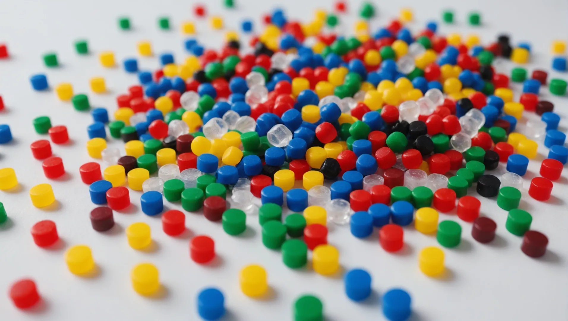 Assortment of raw plastic materials, including colorful pellets and sheets, showcasing variety.