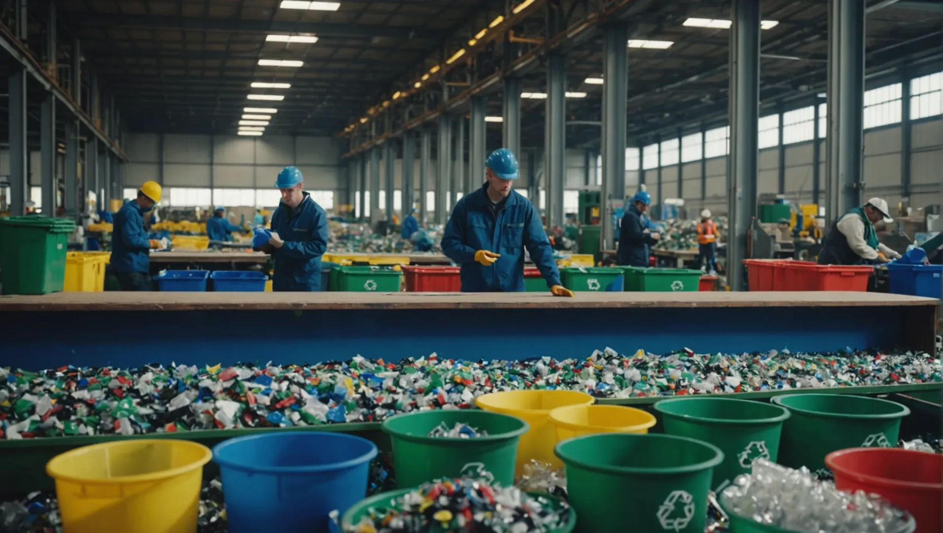 A recycling facility sorting and processing various types of plastic materials