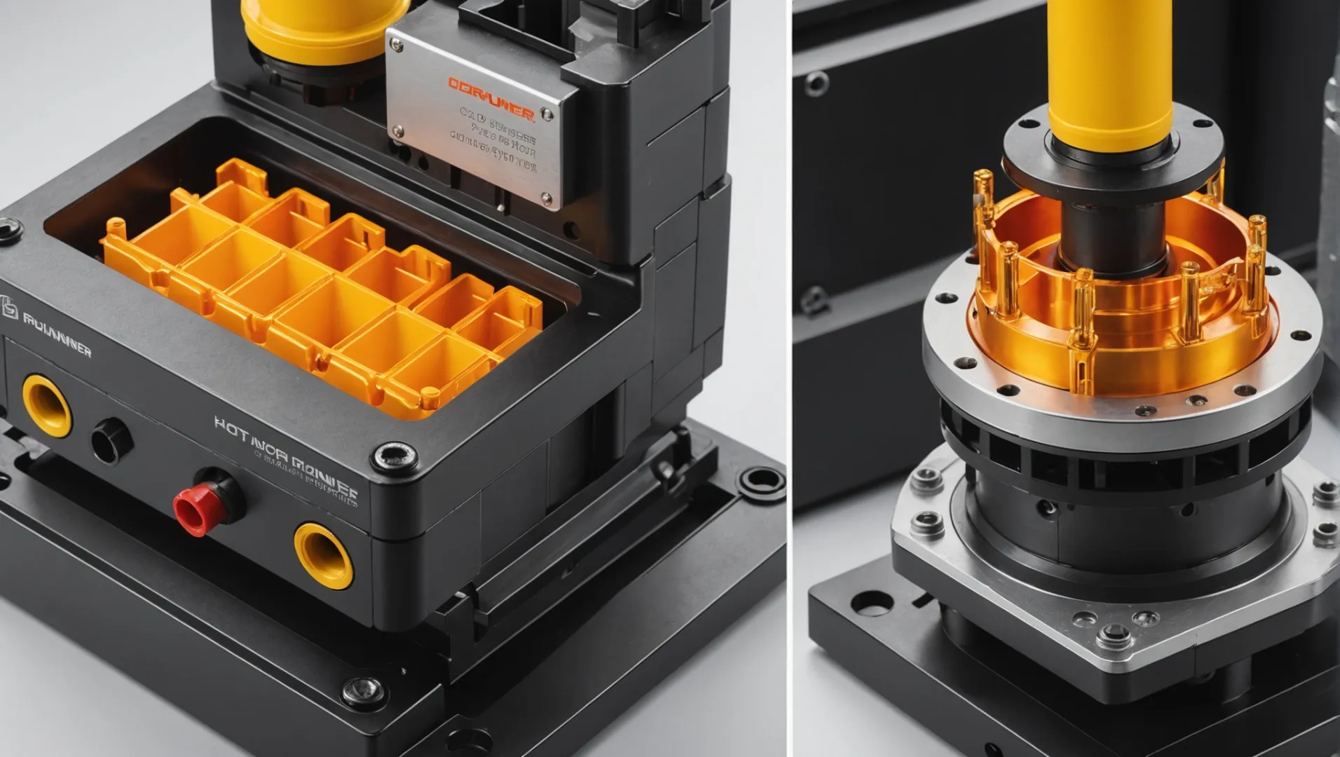 Injection molding runner systems with hot and cold runner comparisons.