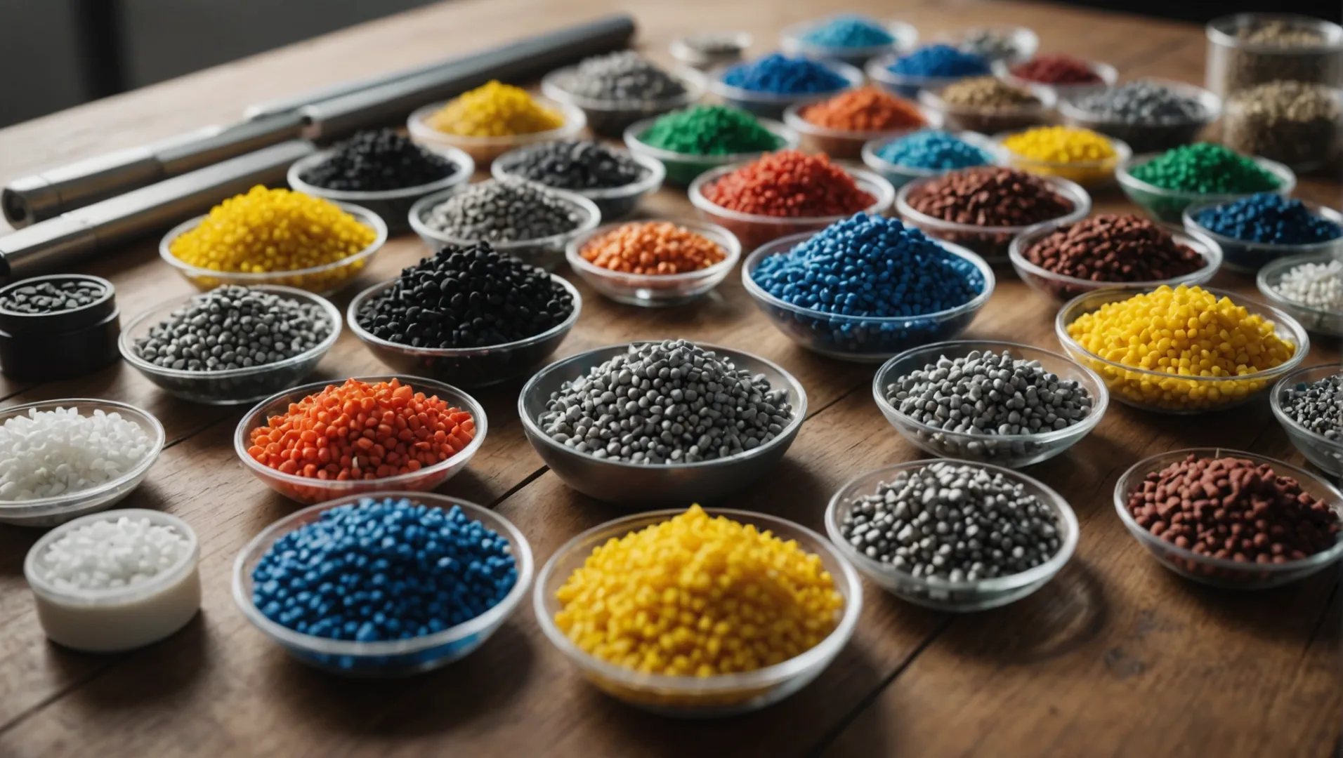 Various raw materials for injection molding displayed on a table, including granules, sheets, and rods.