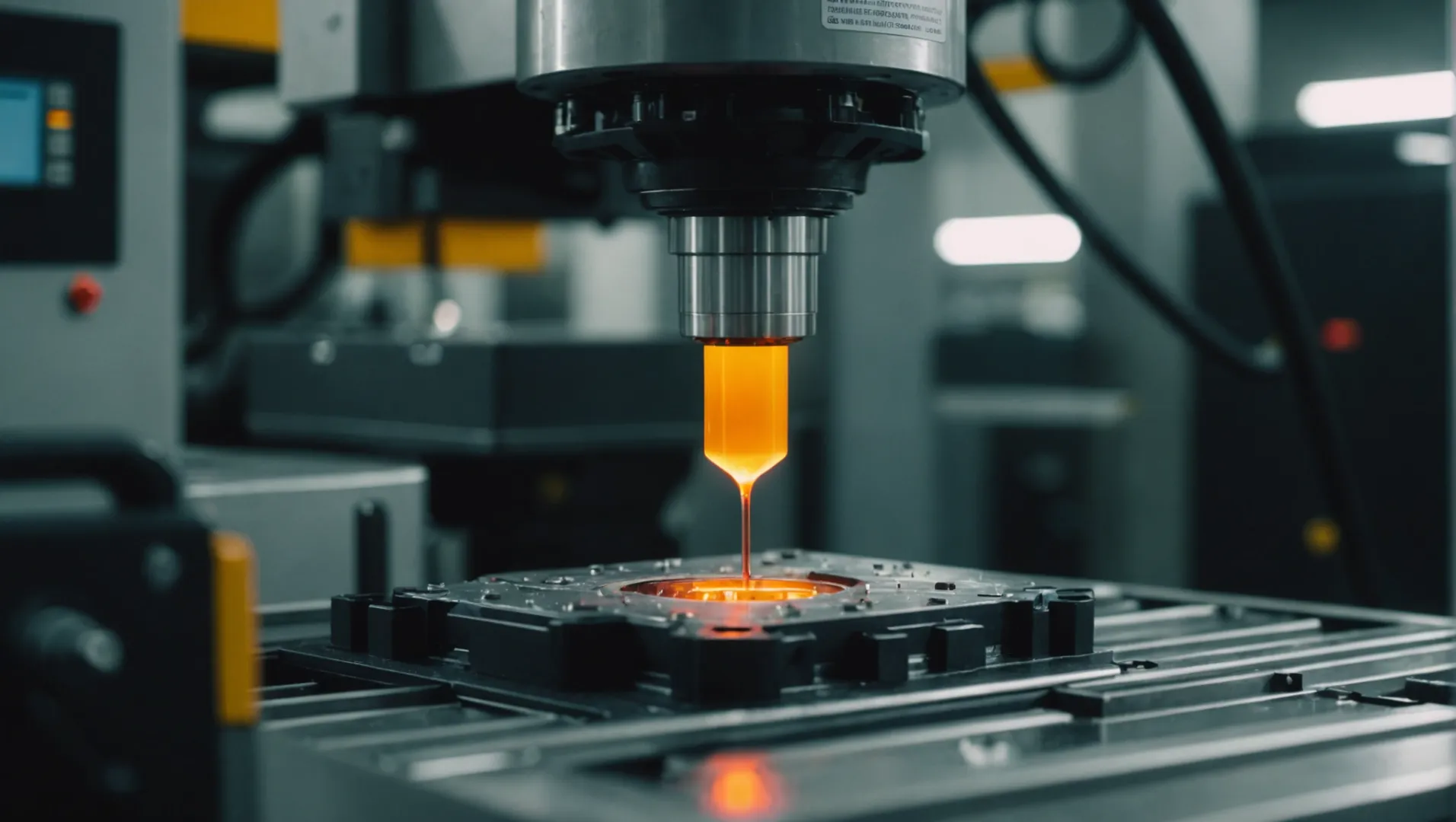 Close-up of injection molding machine with molten plastic being injected into a mold