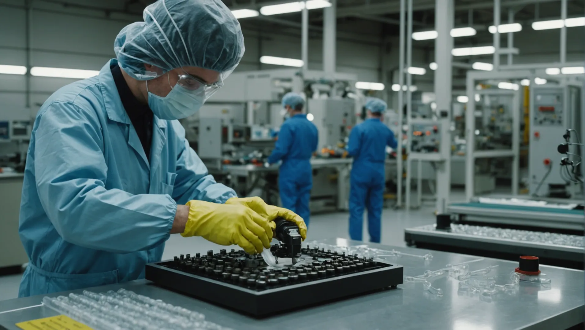 A factory worker handling plastic components with visible static discharge effects.