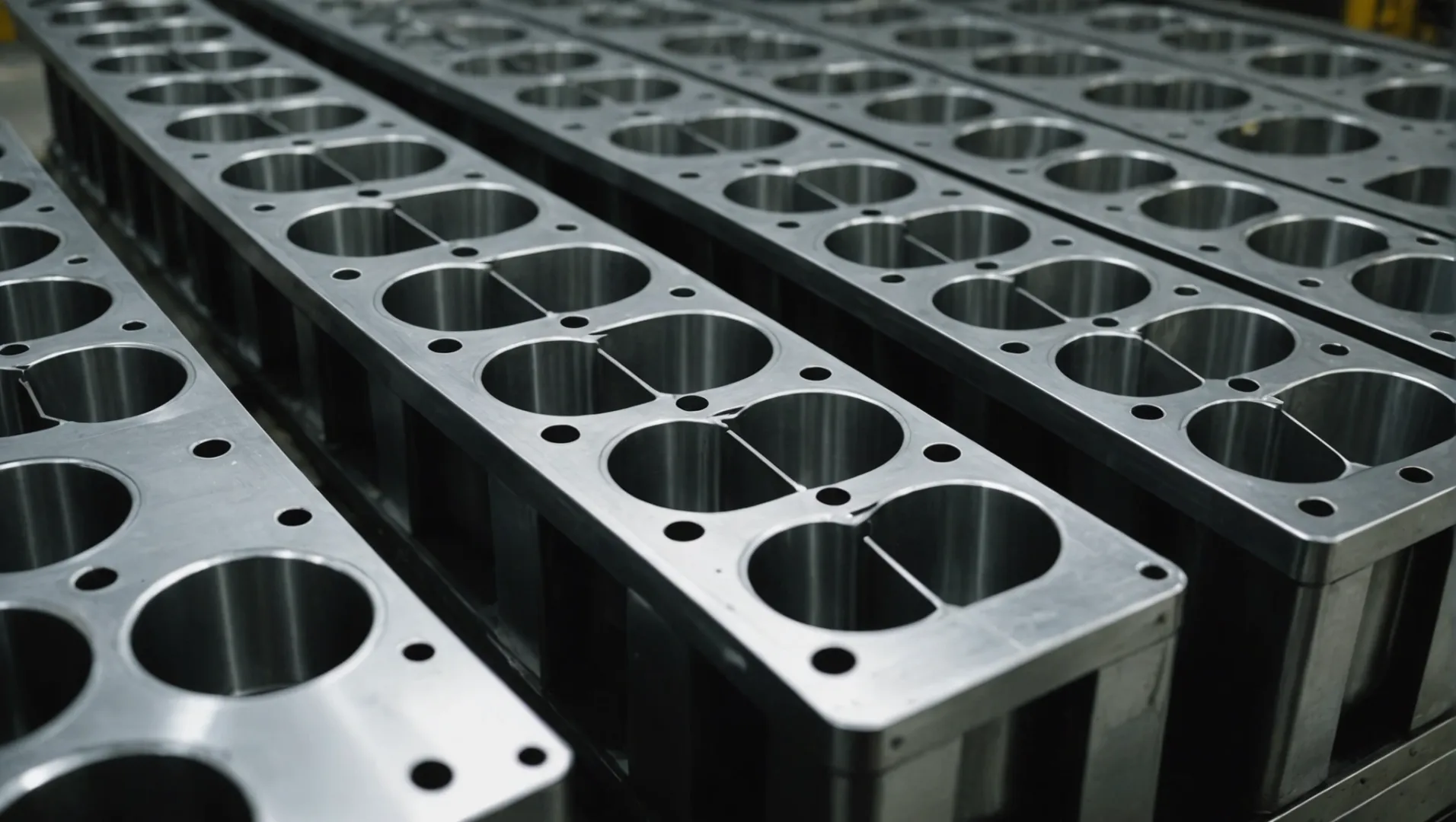 Close-up of steel molds used in PET preform manufacturing