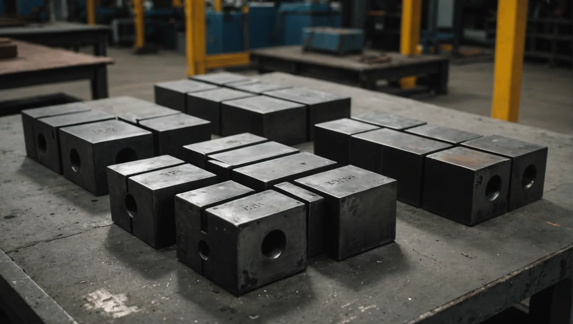 Three types of steel blocks with labels S136, 718H, and NAK80, each with distinct surface textures, placed on a workbench.