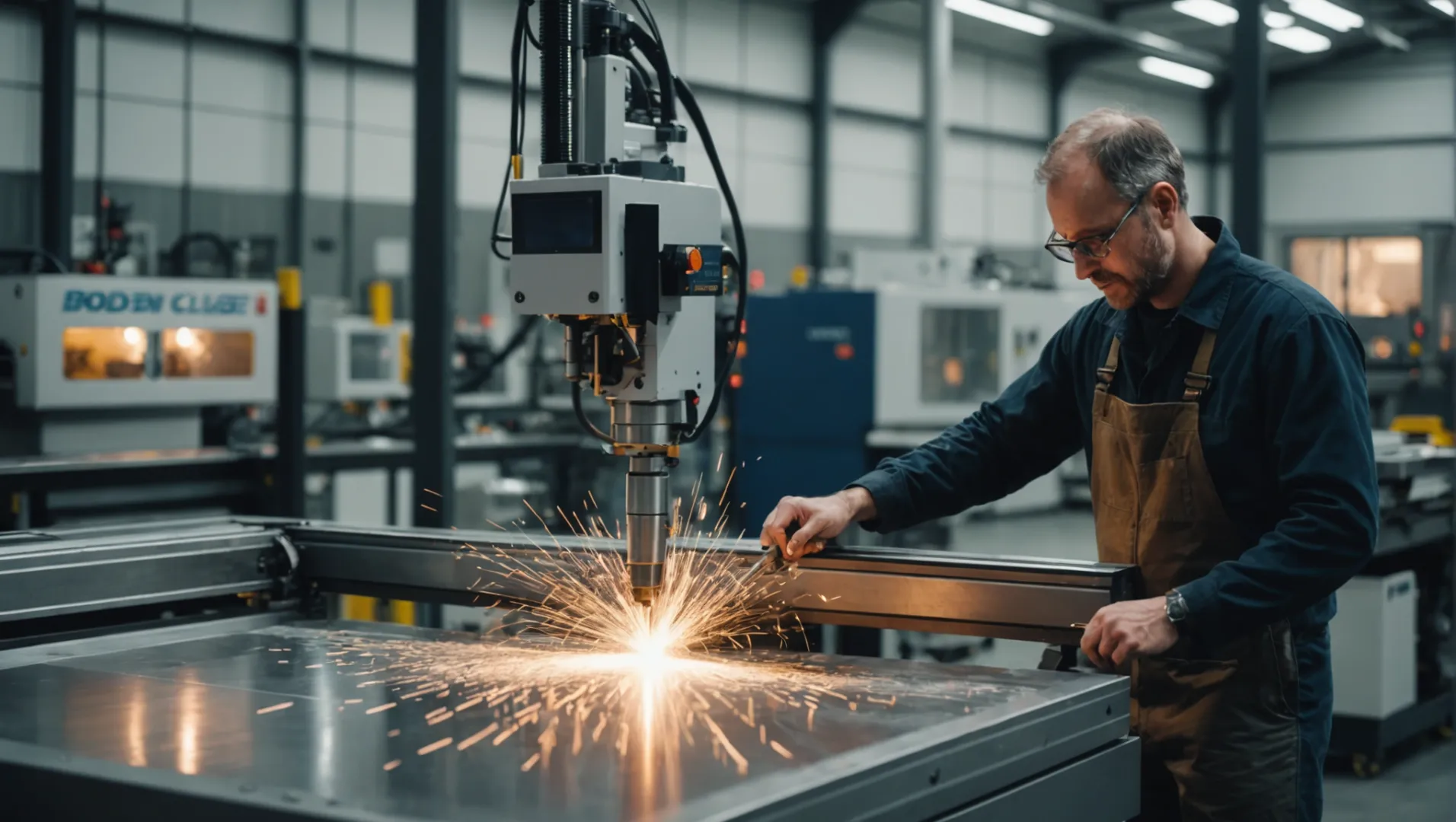 An industrial setting with advanced machinery and skilled workers preparing molds.