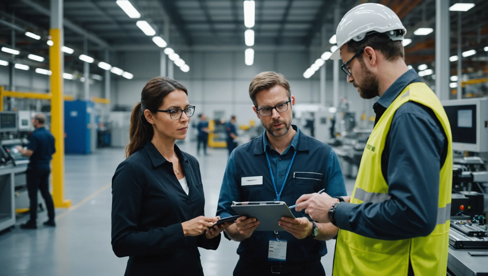 Two professionals discussing quality control in a manufacturing setting