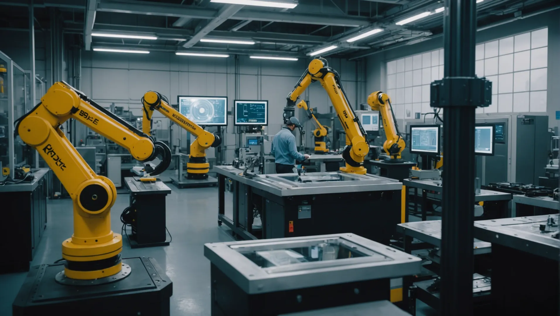 A futuristic factory setting showcasing advanced technology in mold maintenance, including robotic arms, digital screens, and IoT sensors.