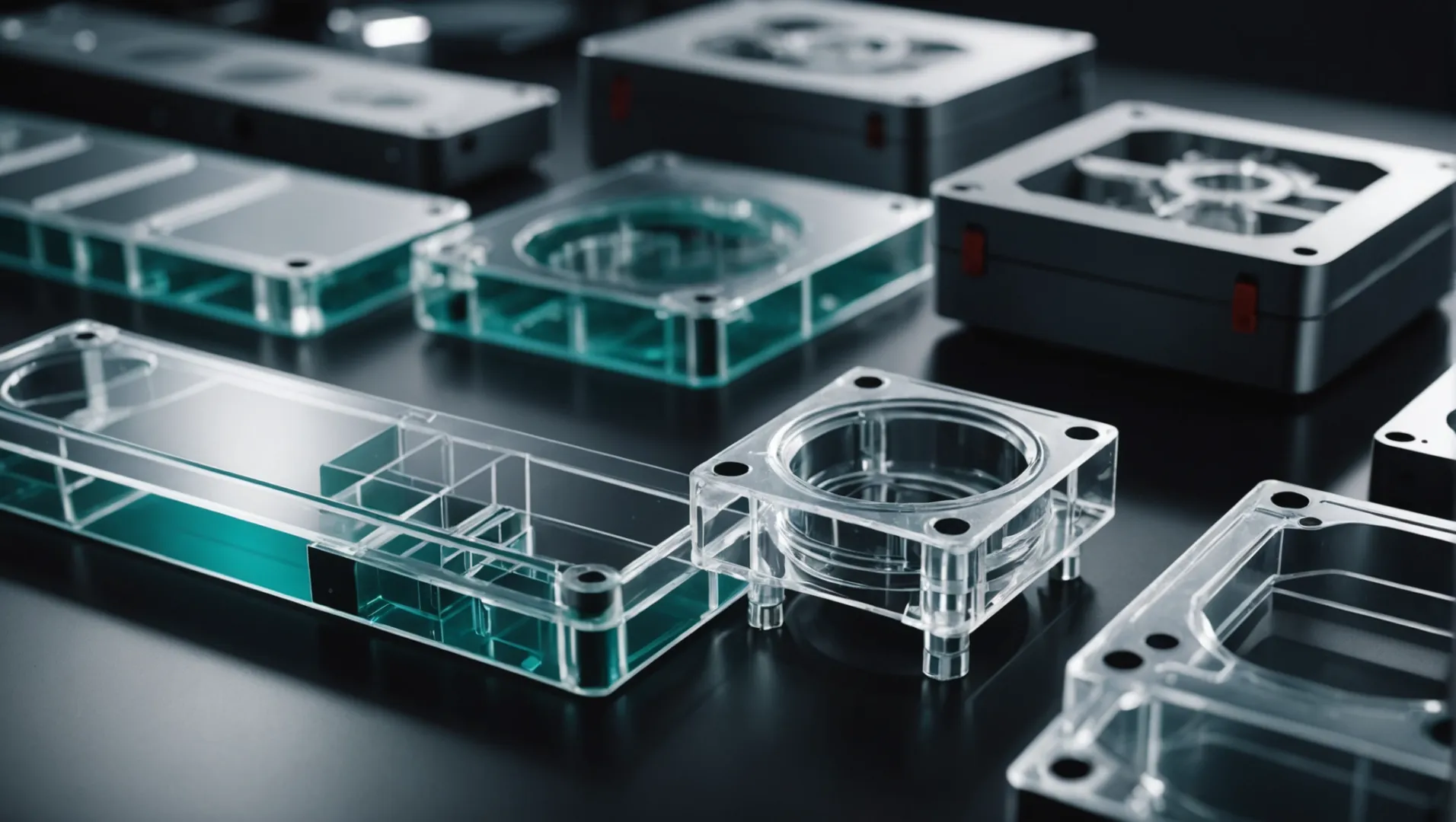 Close-up of transparent injection molded parts with high optical clarity