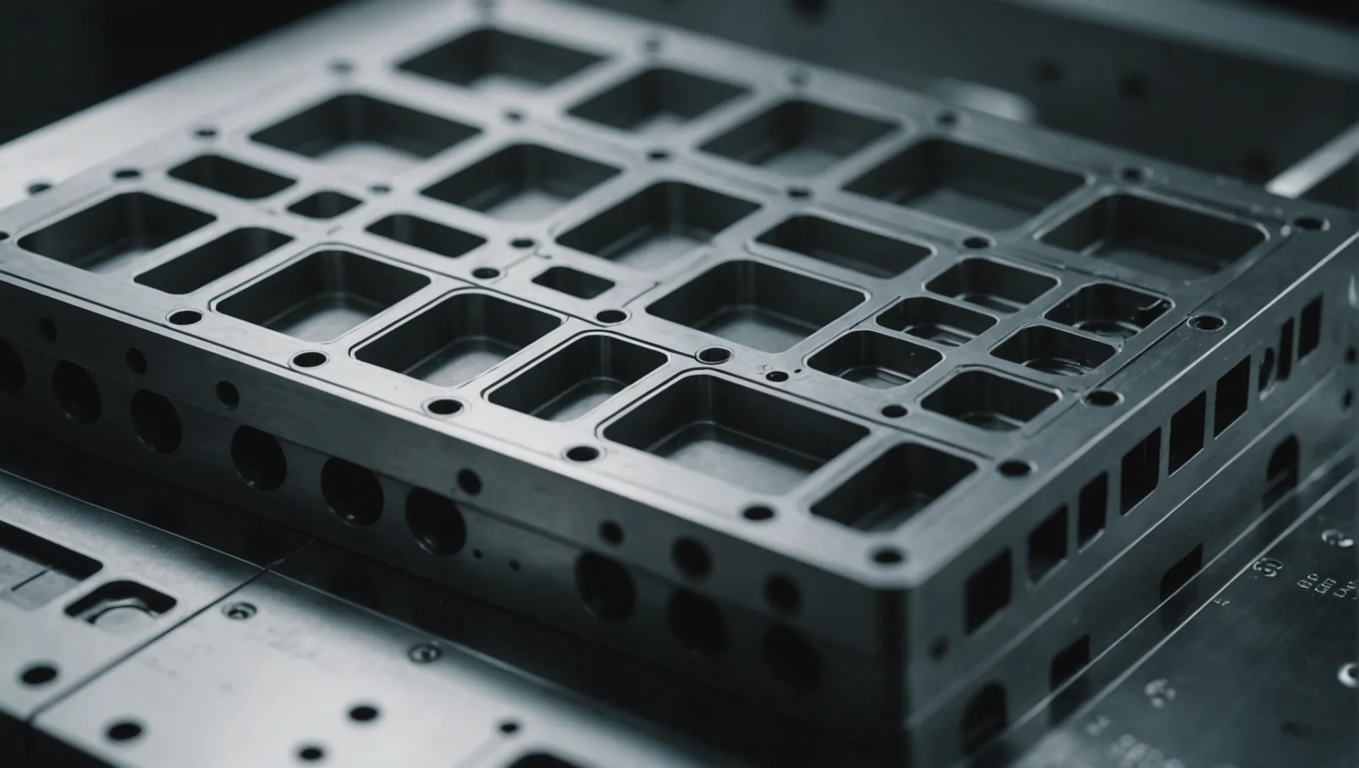 Close-up of an ultra-thin injection mold design with precise cavity structures.