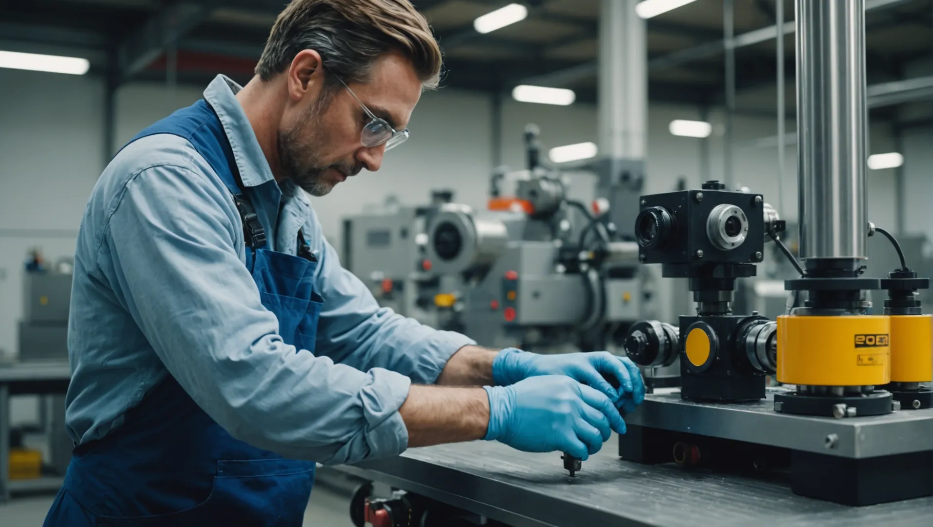 A technician adjusting a twin-screw extruder in a factory setting, surrounded by various pigments and mixing equipment.