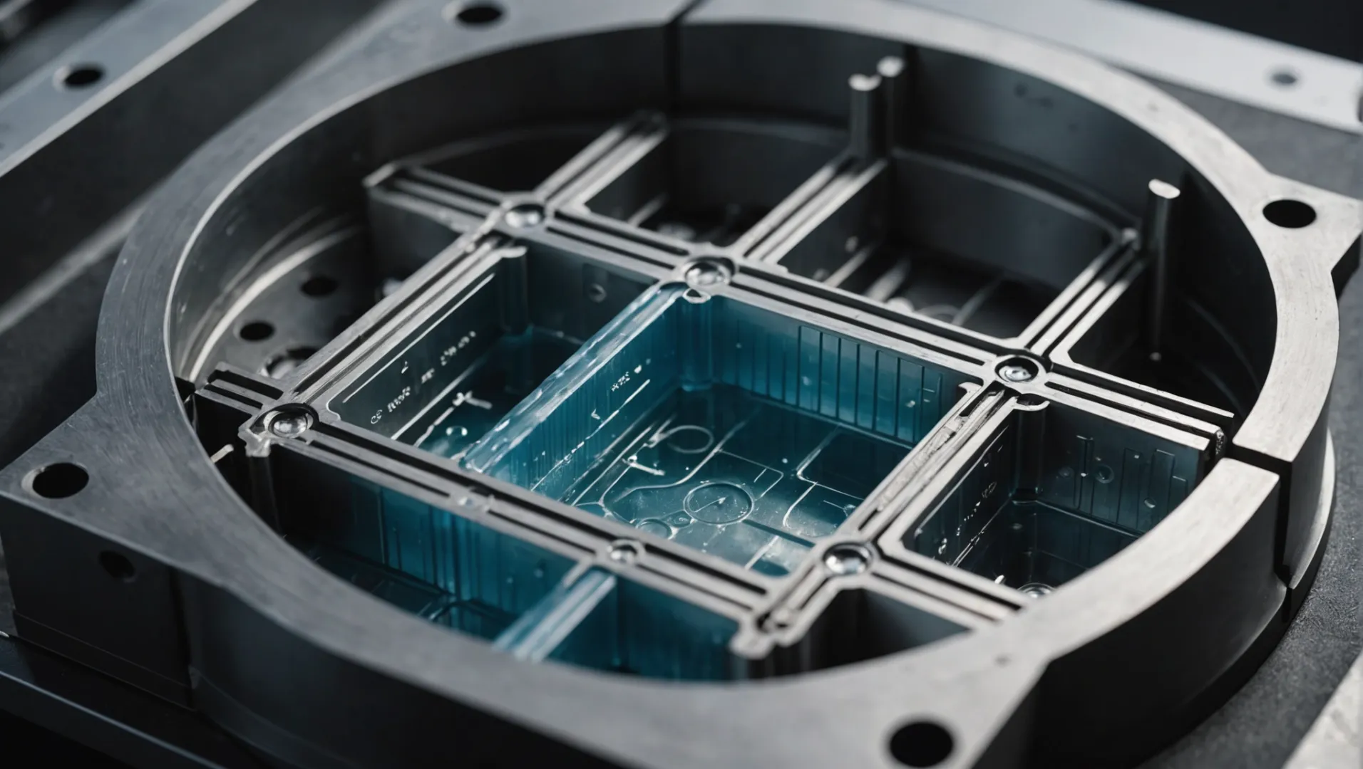 A cross-section of an injection mold showing water channels with varying diameters for cooling efficiency.