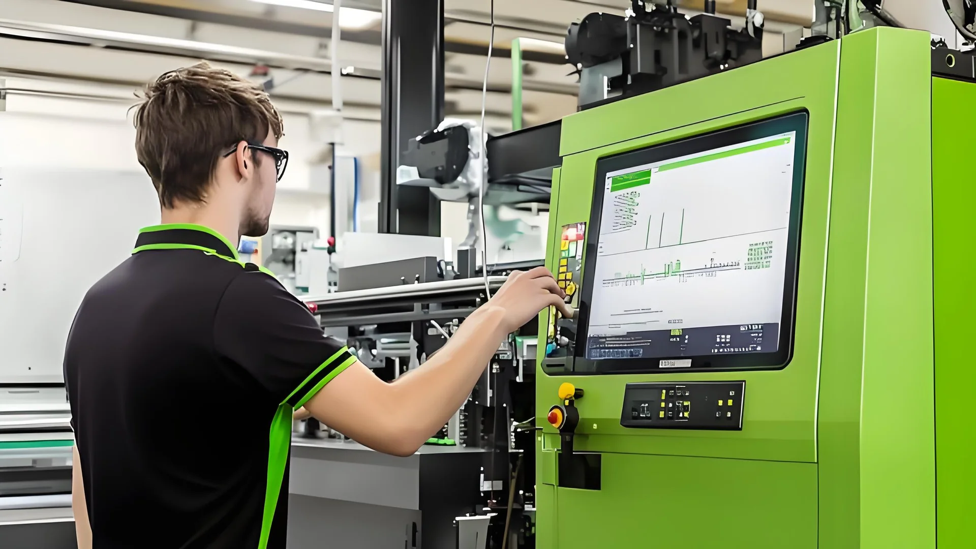 Close-up of an injection molding machine in operation